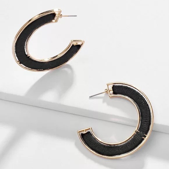 2/$35🖤 Anthropologie Embroidered Black Weave Gold Plated C Hoop Earrings… - Picture 1 of 7